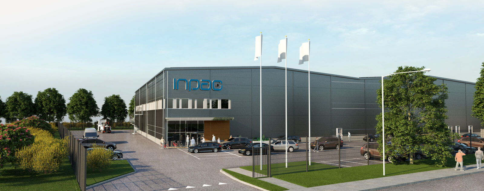 Concept image of Inpac's production facility in Lund – a gray building with high ceilings.