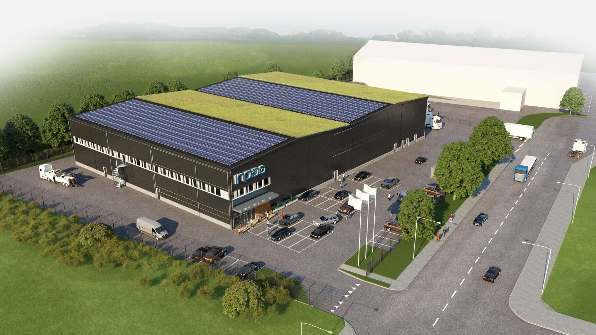 Visual representation of Inpac's production facilities, featuring solar panels on the roof.